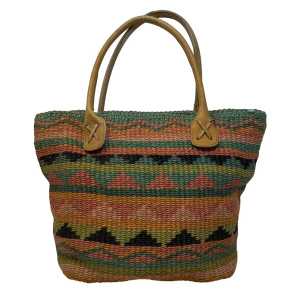 Vtg 1992 Cappelli Straworld Woven Stripe Tote Bag Leather Handles Zipper Close - Picture 5 of 11
